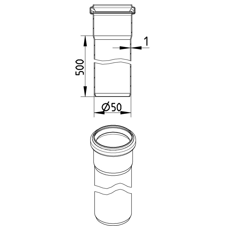 GERADES ROHR mit Muffe - L=500mm - Ø50mm - V2A