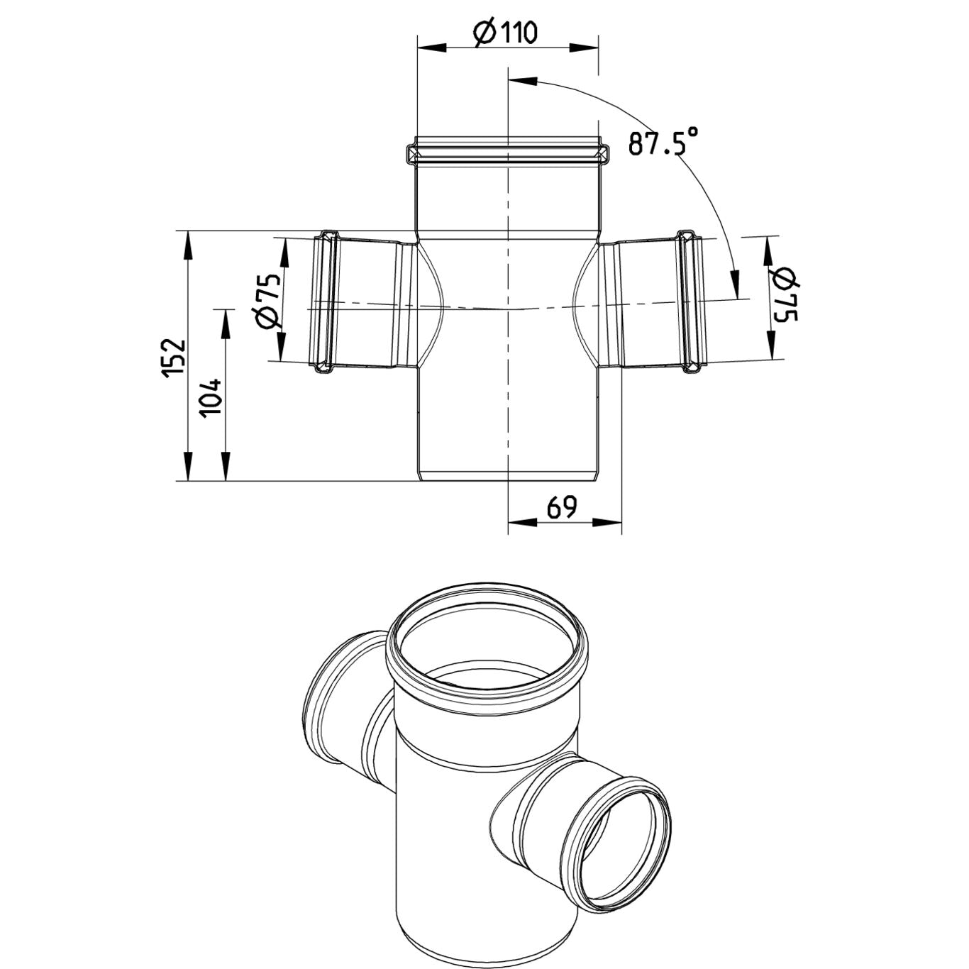 DOPPELABZWEIG 87,5° - Ø110mm - Ø75mm - V2A