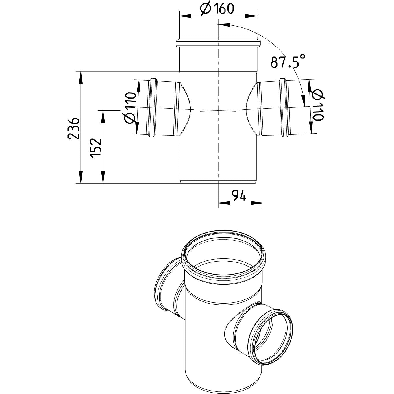DOPPELABZWEIG 87,5° - Ø160mm - Ø110mm - V4A