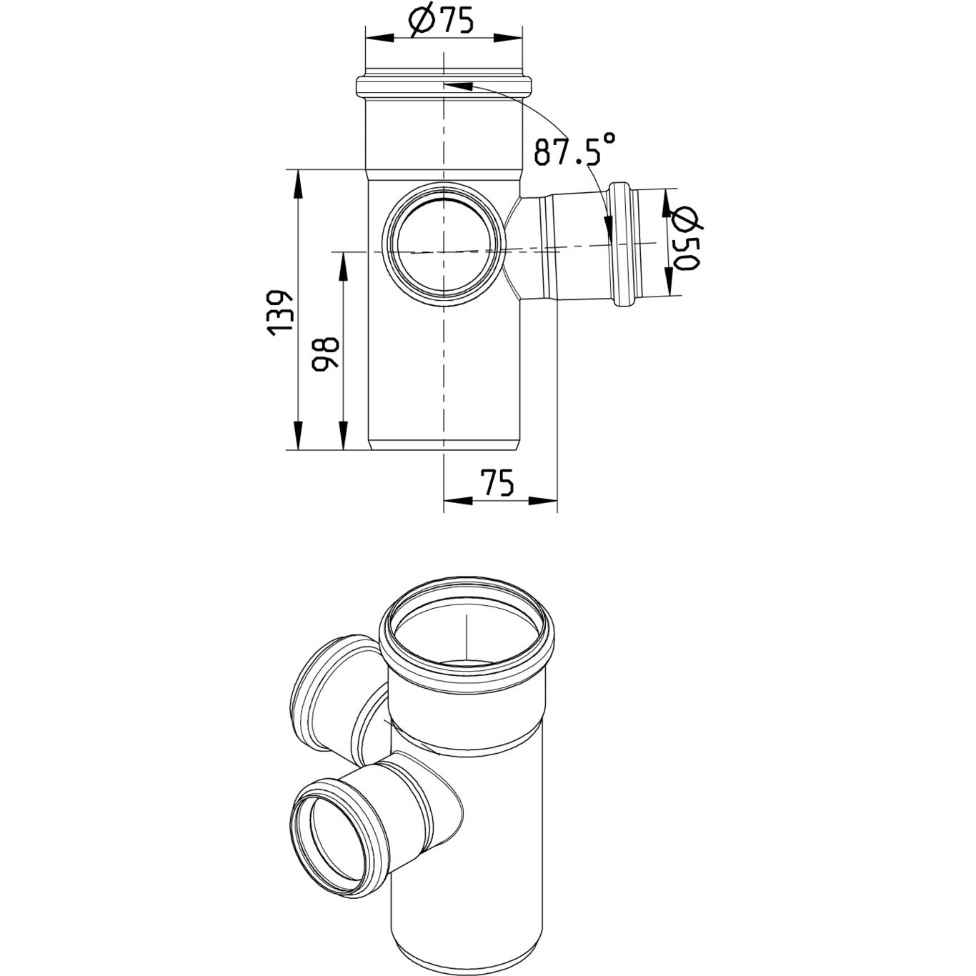 DOPPELABZWEIG 87,5° - Ø75mm - Ø50mm - V4A