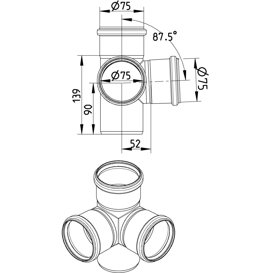DOPPELABZWEIG 87,5° - Ø75mm - V4A