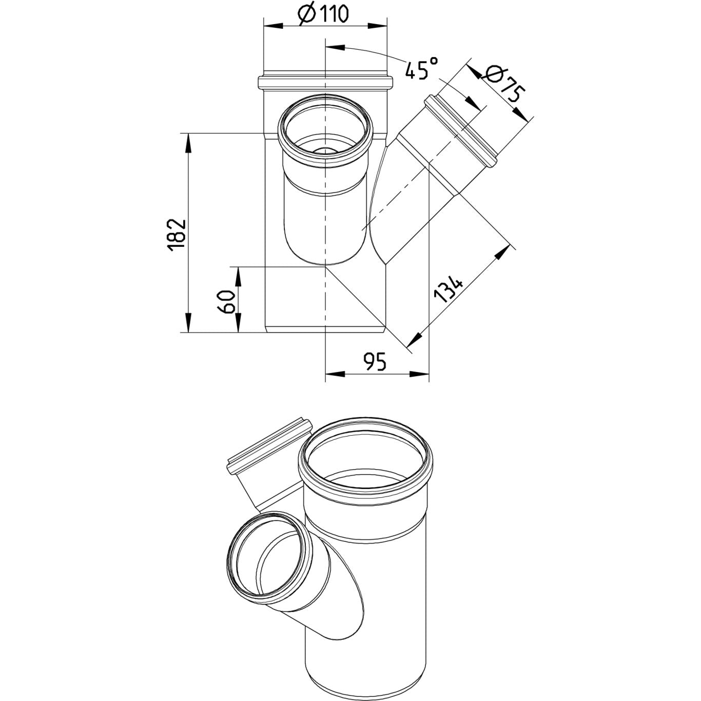DOPPELABZWEIG 45° - Ø110mm - Ø75mm - V4A