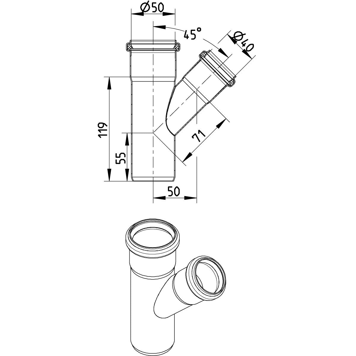 ABZWEIG SCHRÄG 45° - Ø50mm - Ø40mm - V2A