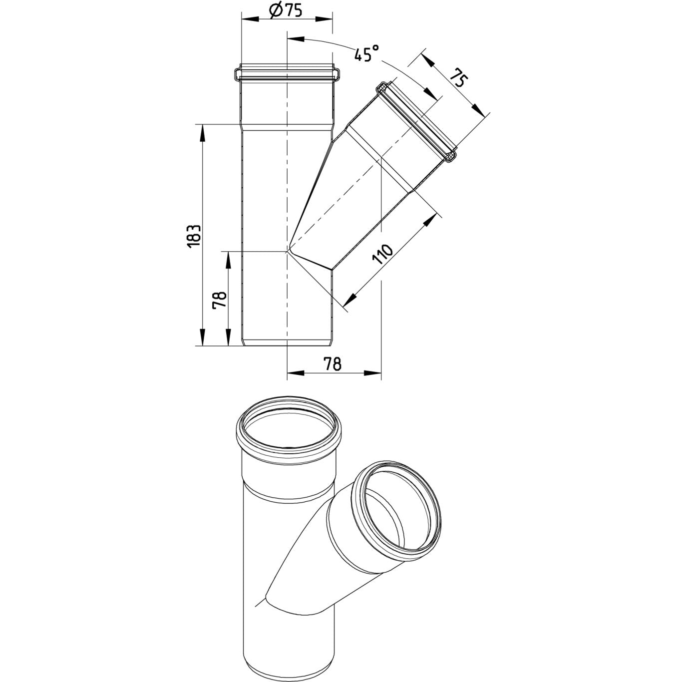 ABZWEIG SCHRÄG 45° - Ø75mm - V2A