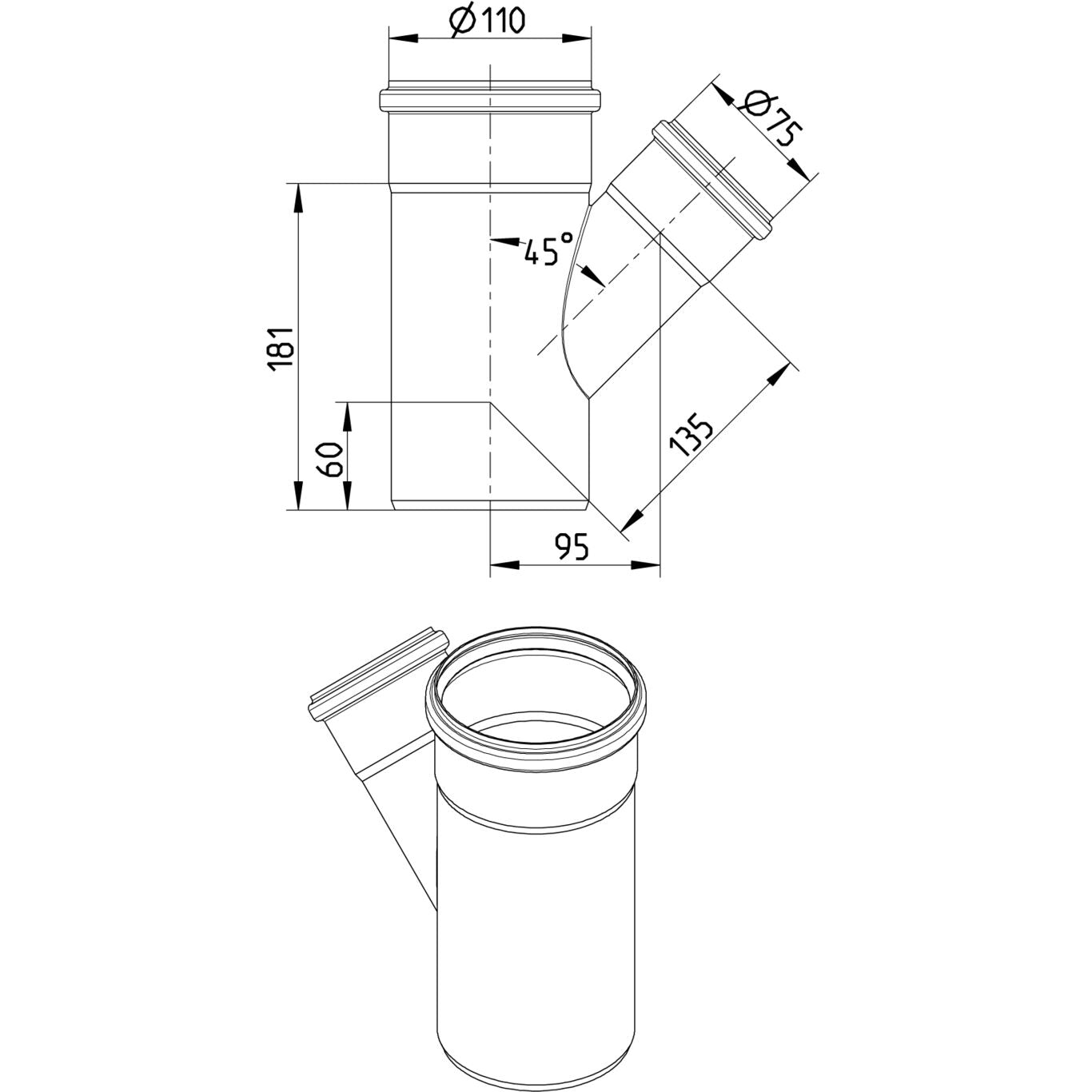 ABZWEIG SCHRÄG 45° - Ø110mm - Ø75mm - V4A