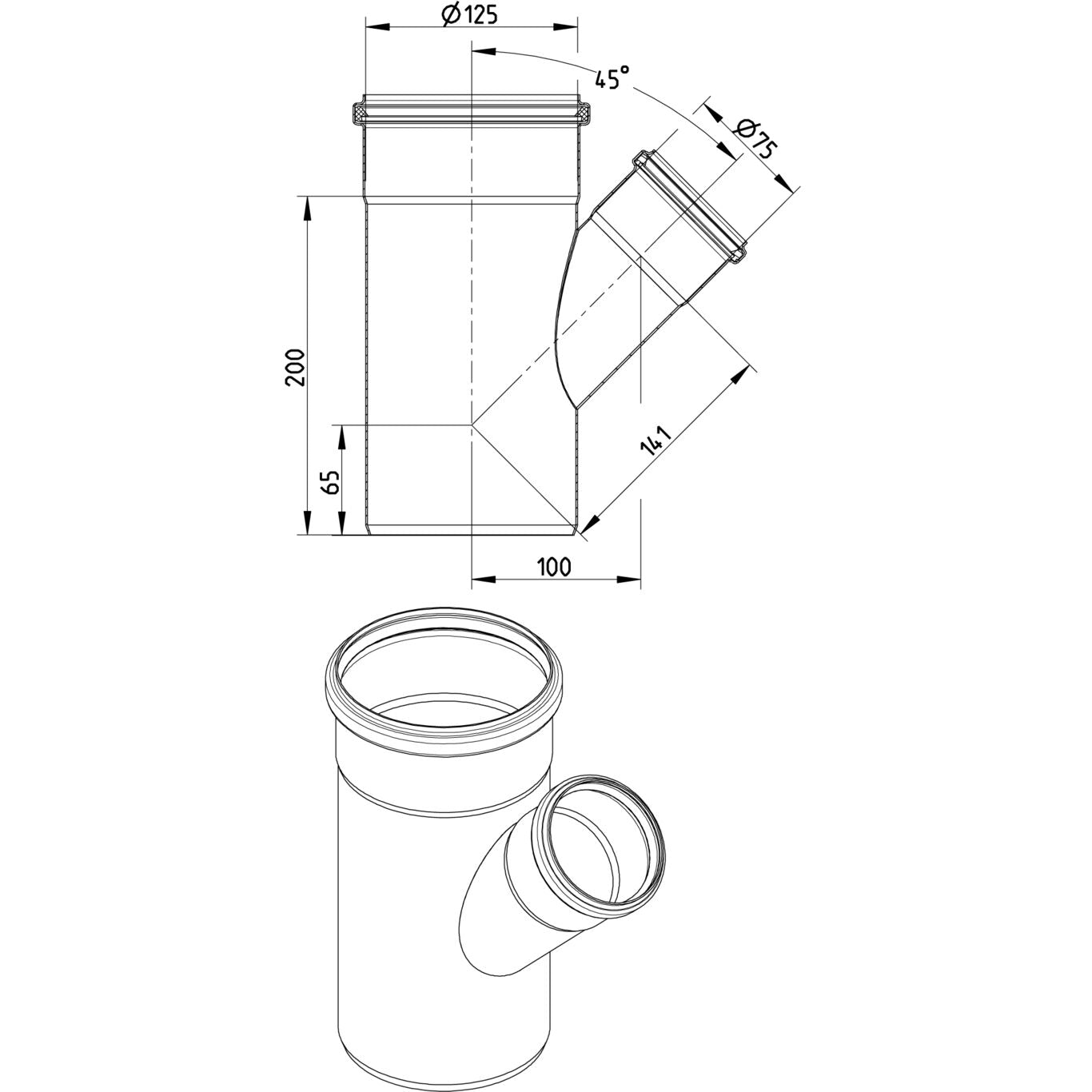 ABZWEIG SCHRÄG 45° - Ø125mm - Ø75mm - V2A