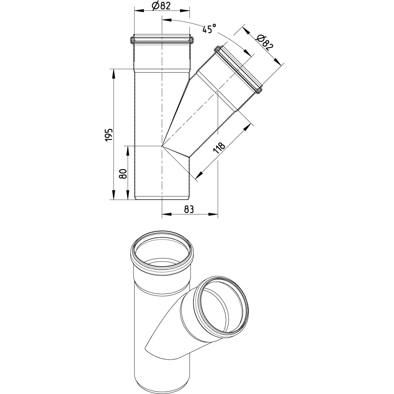ABZWEIG SCHRÄG 45° - Ø82mm - V4A