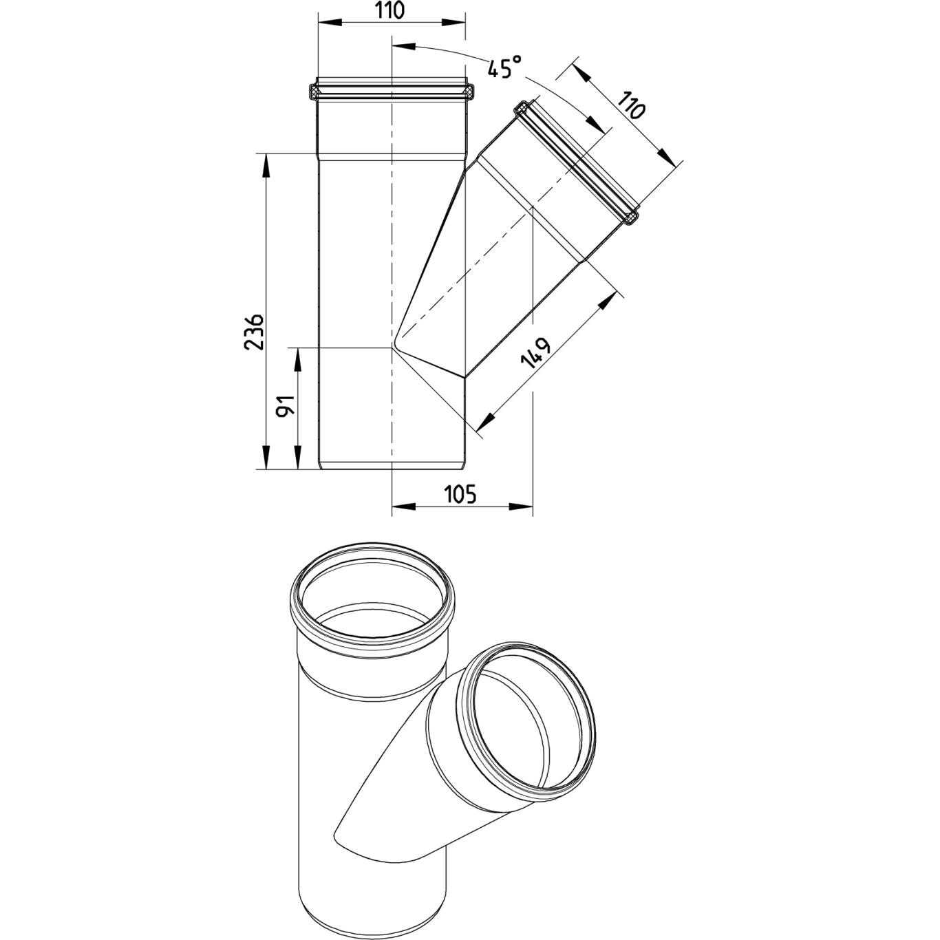 ABZWEIG SCHRÄG 45° - Ø110mm - V2A