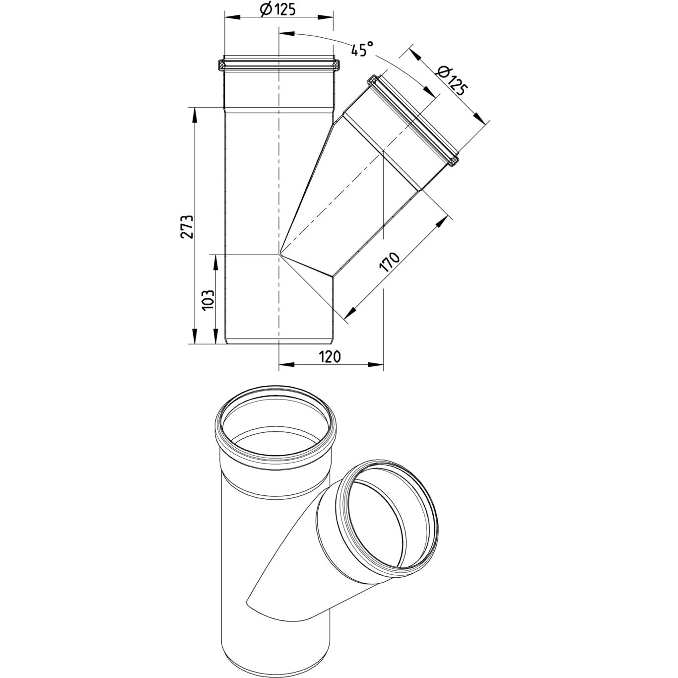 ABZWEIG SCHRÄG 45° - Ø125mm - V2A