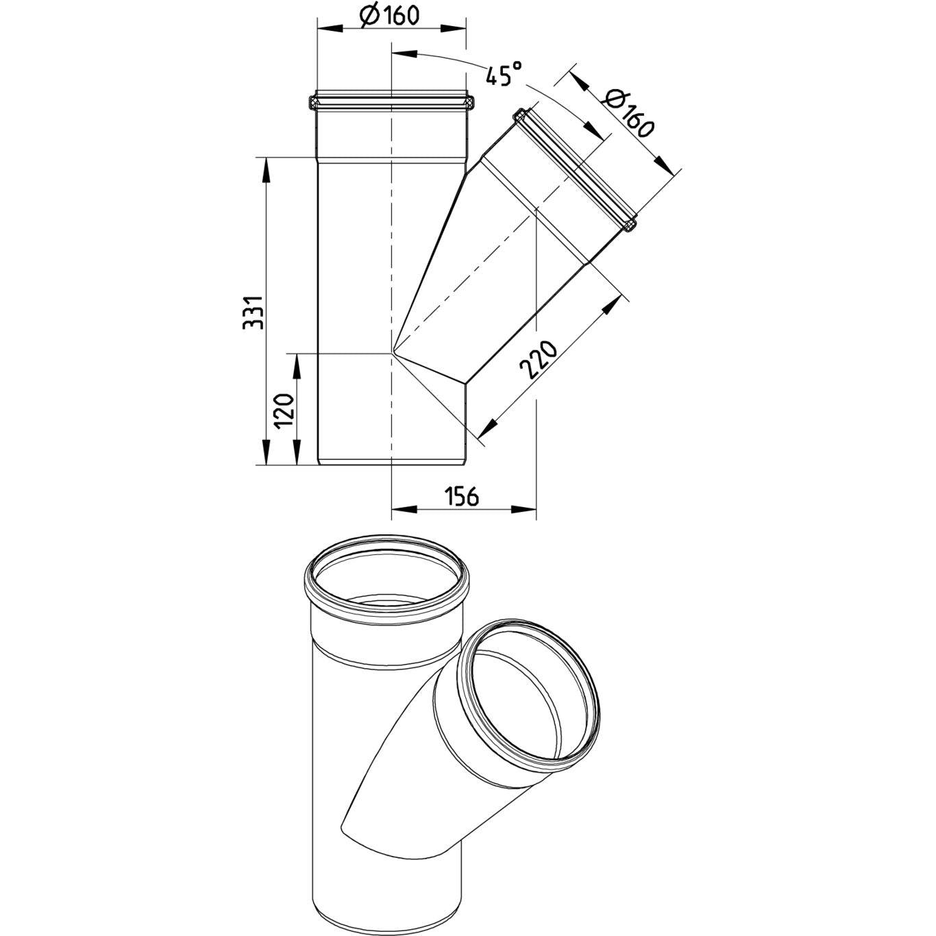 ABZWEIG SCHRÄG 45° - Ø160mm - V2A