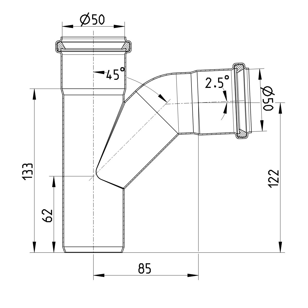 ABZWEIG GEBOGEN 87,5° - Ø50mm - V2A