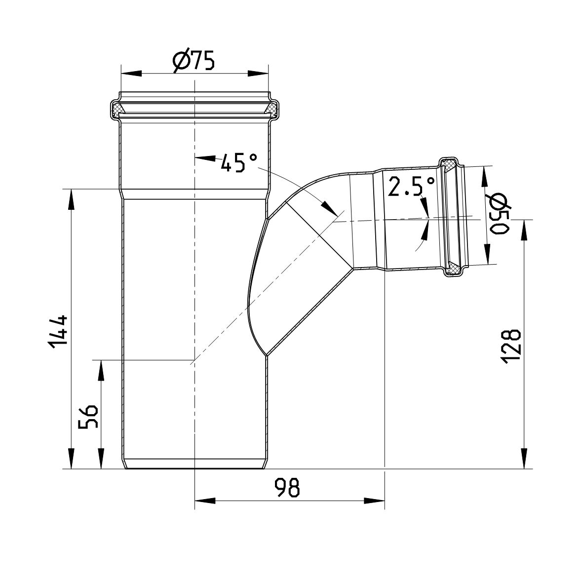 ABZWEIG GEBOGEN 87,5° - Ø75mm - Ø50mm - V2A