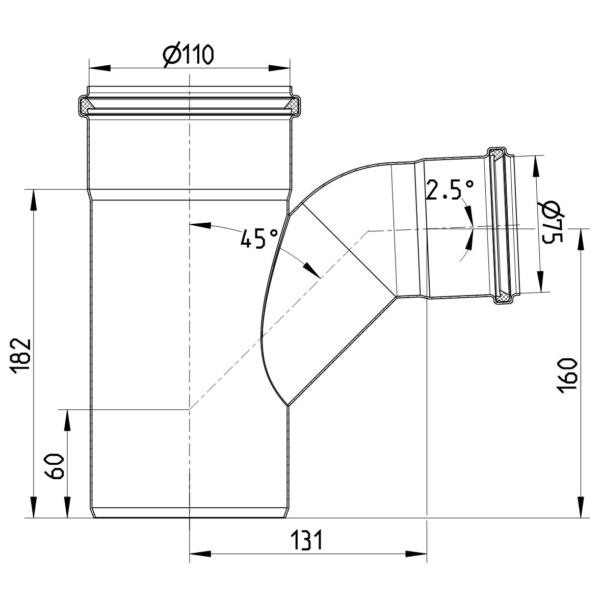 ABZWEIG GEBOGEN 87,5° - Ø110mm - Ø75mm - V2A