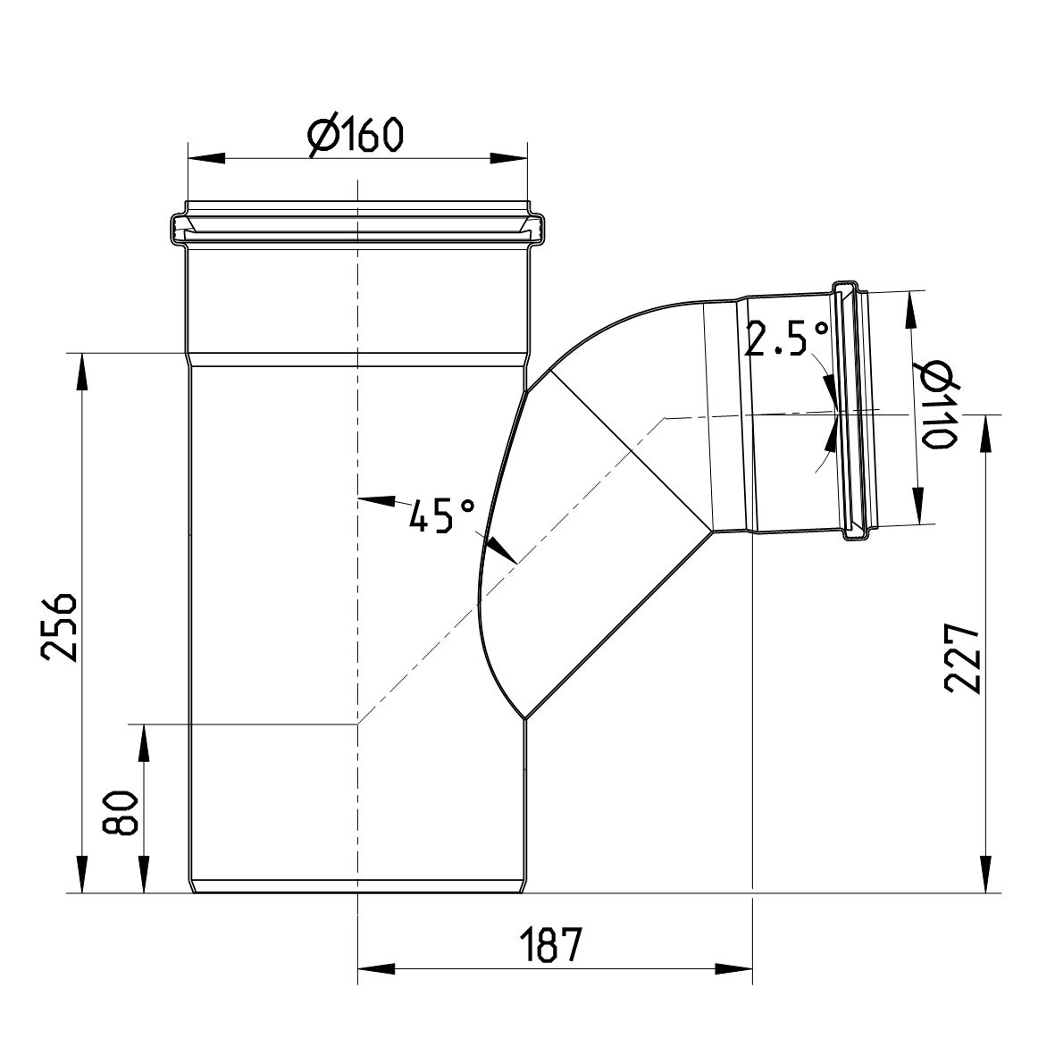 ABZWEIG GEBOGEN 87,5° - Ø160mm - Ø110mm - V2A