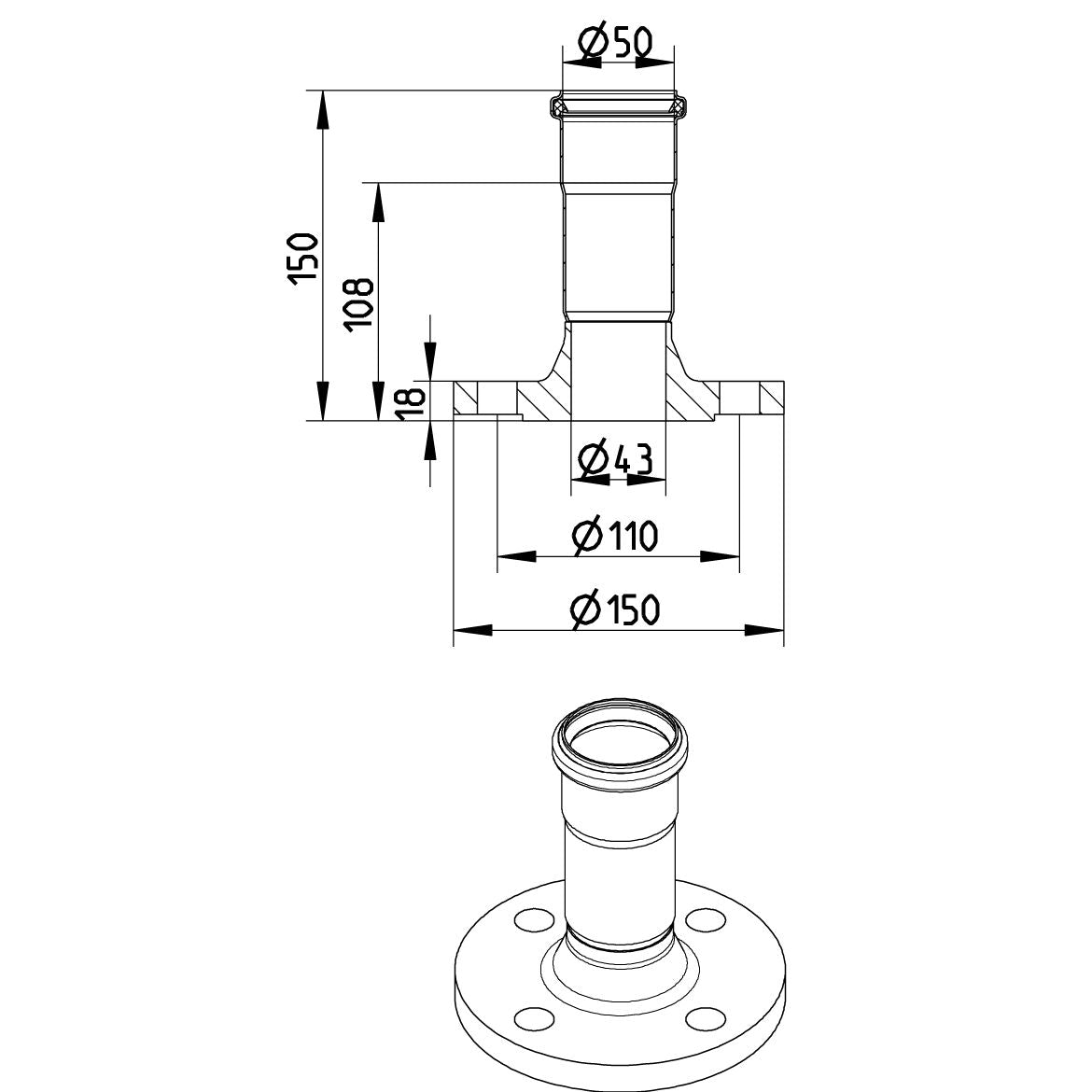 DIN-FLANSCH ADAPTER MIT MUFFE - Ø50mm - V4A