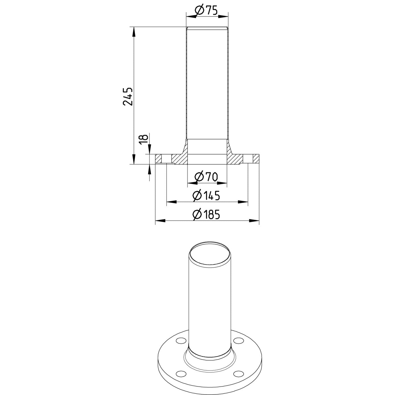DIN-FLANSCH ADAPTER MIT SPITZENDE - Ø75mm - V4A