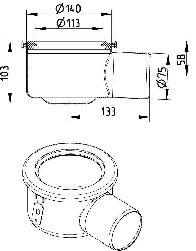 UNTERTEIL - Ø75mm, waagerecht - V2A