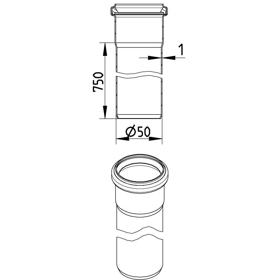 GERADES ROHR mit Muffe - L=750mm - Ø50mm - V2A