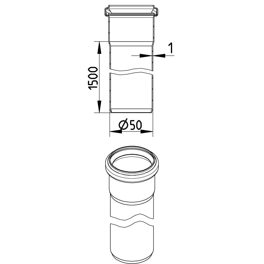 GERADES ROHR mit Muffe - L=1500mm - Ø50mm - V2A