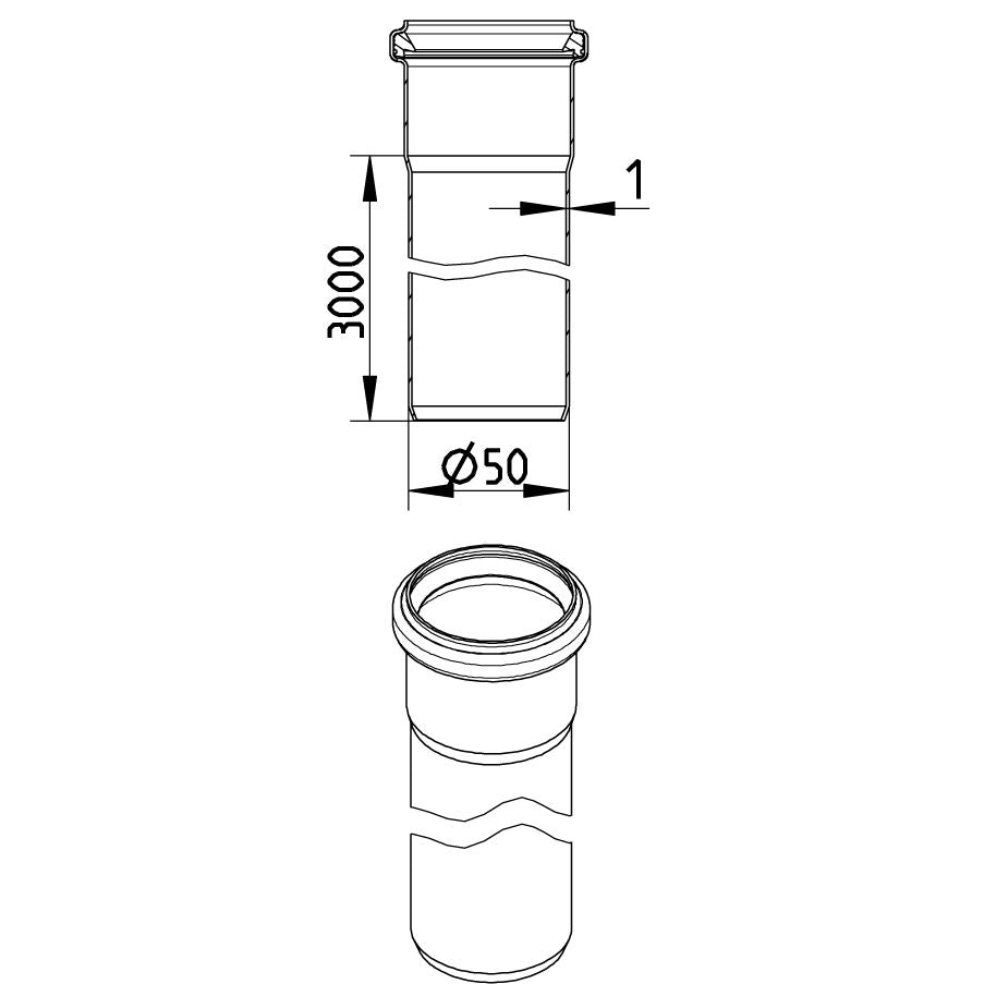 GERADES ROHR mit Muffe - L=3000mm - Ø50mm - V4A