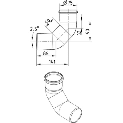 BOGEN LANG 87,5° - Ø75mm, 50mm - V4A