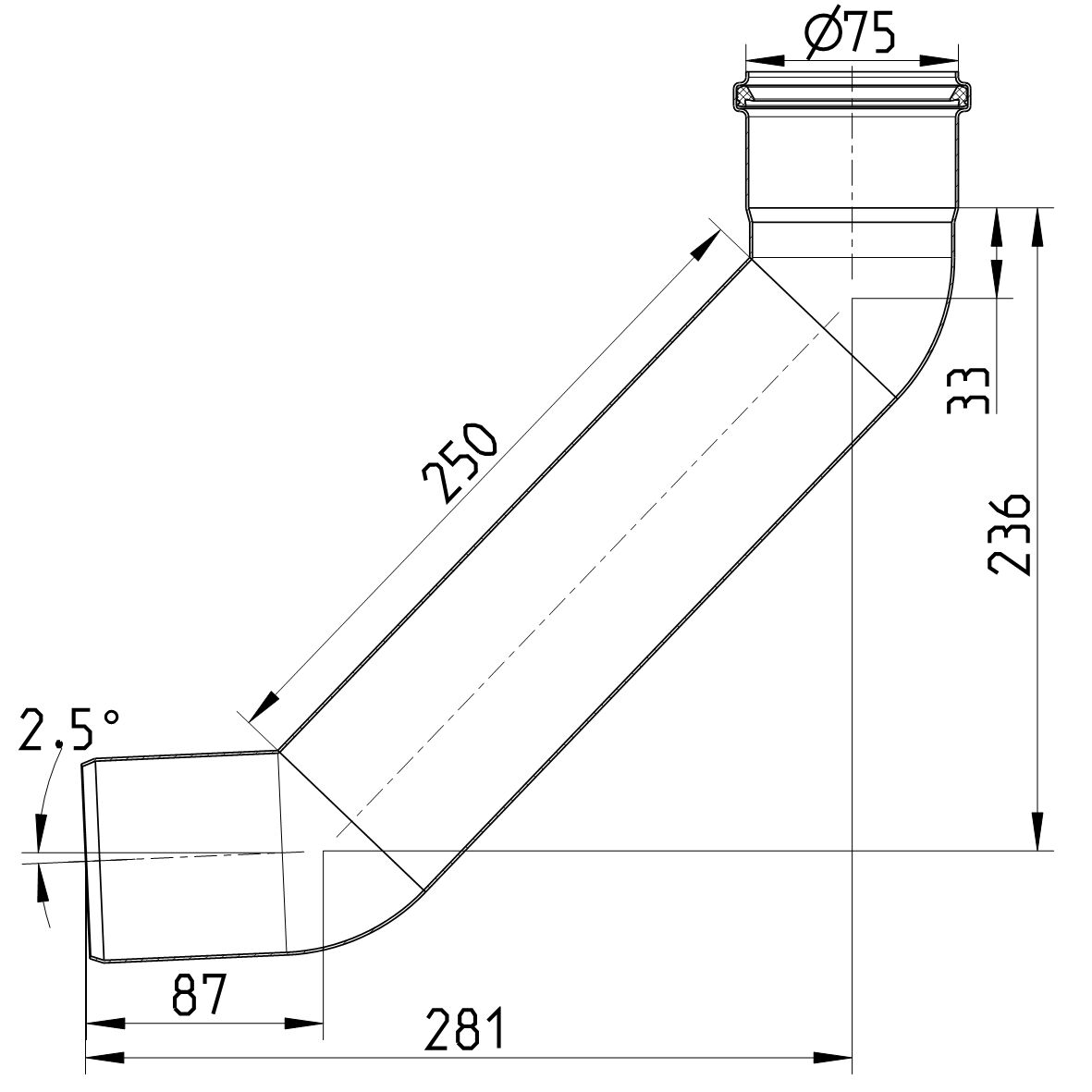 BOGEN LANG 87,5° - Ø75mm, 250mm - V2A