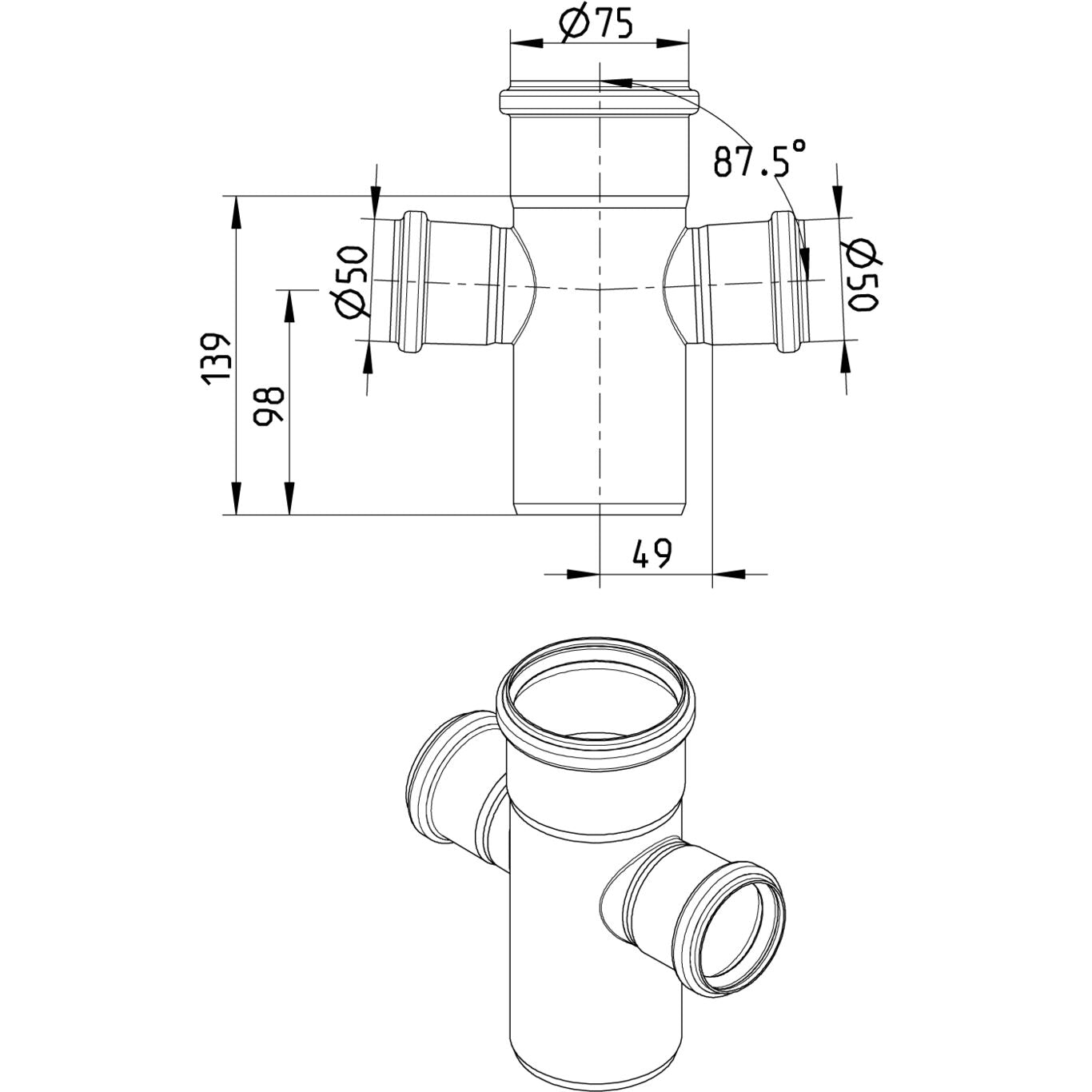 DOPPELABZWEIG 87,5° - Ø75mm - Ø50mm - V2A
