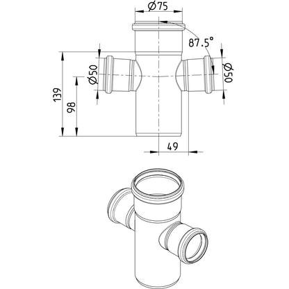 DOPPELABZWEIG 87,5° - Ø75mm - Ø50mm - V2A