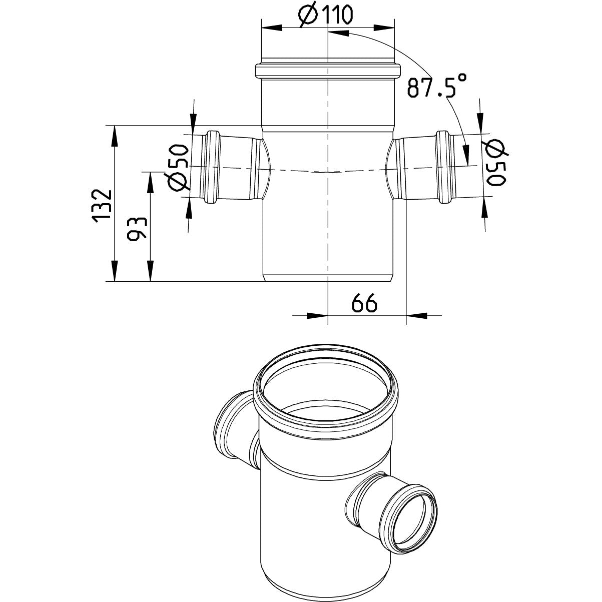 DOPPELABZWEIG 87,5° - Ø110mm - Ø50mm - V4A