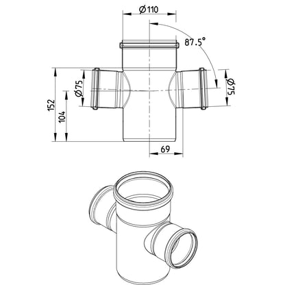 DOPPELABZWEIG 87,5° - Ø110mm - Ø75mm - V2A