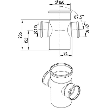 DOPPELABZWEIG 87,5° - Ø160mm - Ø110mm - V4A