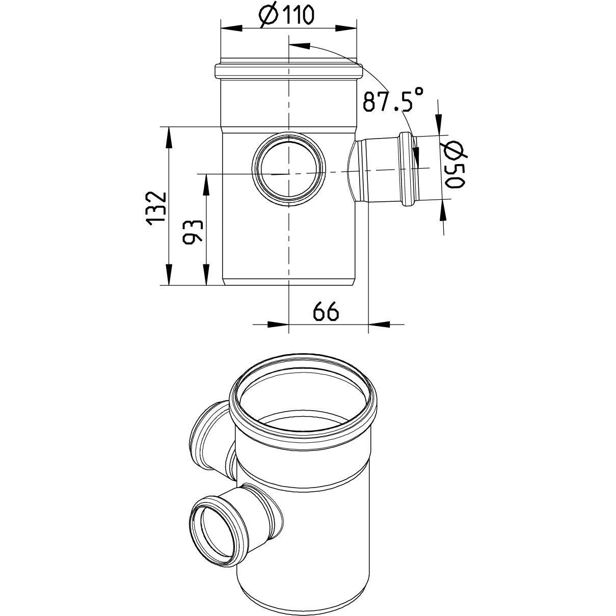 DOPPELABZWEIG 87,5° - Ø110mm - Ø50mm - V2A