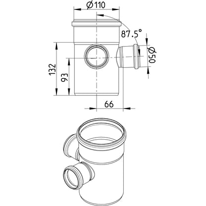 DOPPELABZWEIG 87,5° - Ø110mm - Ø50mm - V2A