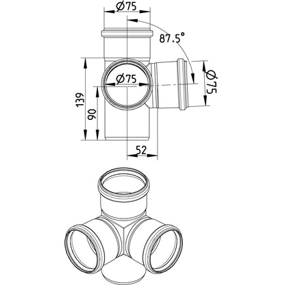 DOPPELABZWEIG 87,5° - Ø110mm - Ø75mm - V4A