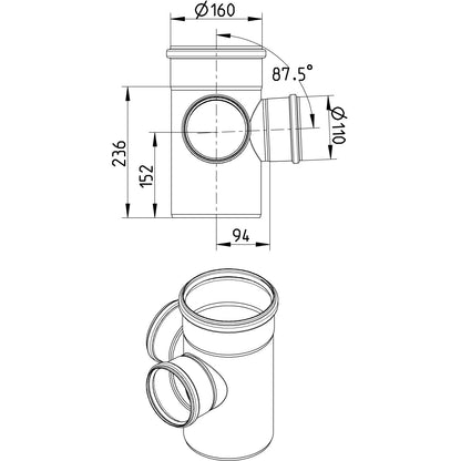 DOPPELABZWEIG 87,5° - Ø160mm - Ø110mm - V2A