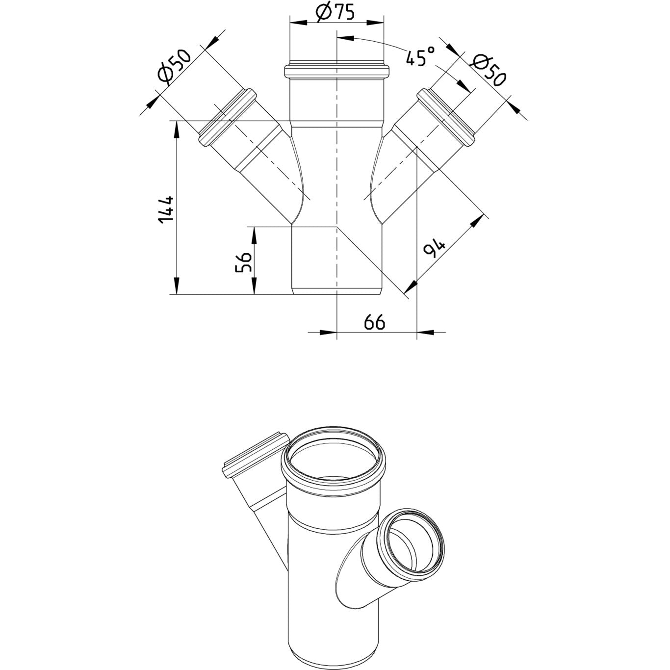 DOPPELABZWEIG 45° - Ø75mm - Ø50mm - V4A