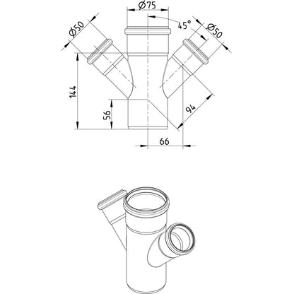 DOPPELABZWEIG 45° - Ø75mm - Ø50mm - V4A