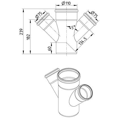 DOPPELABZWEIG 45° - Ø110mm - Ø75mm - V4A