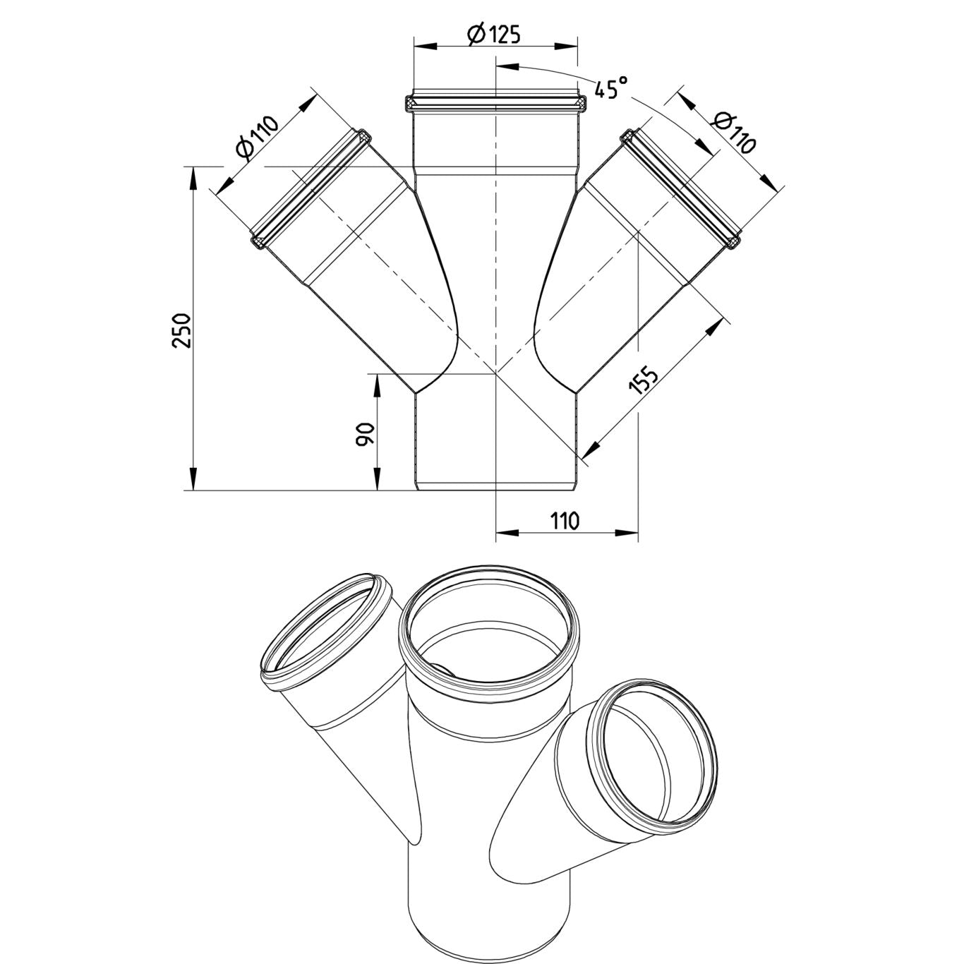DOPPELABZWEIG 45° - Ø125mm - Ø110mm - V4A