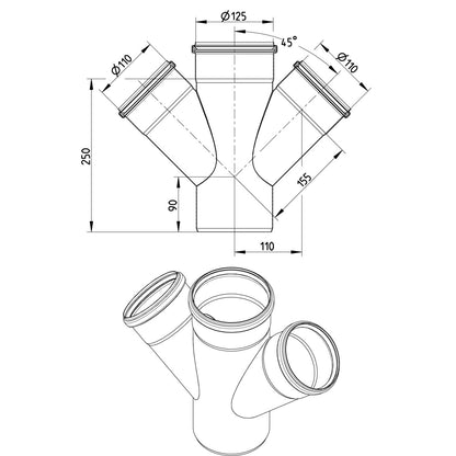 DOPPELABZWEIG 45° - Ø125mm - Ø110mm - V4A