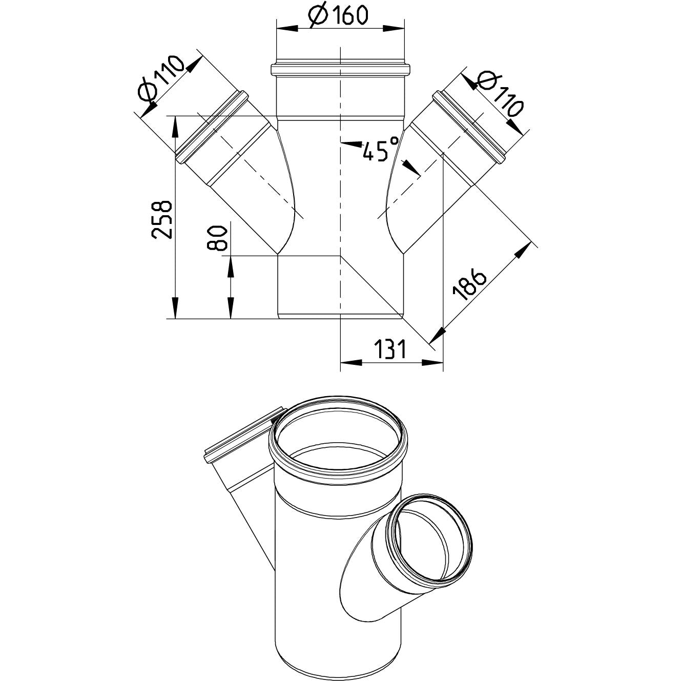 DOPPELABZWEIG 45° - Ø160mm - Ø110mm - V4A
