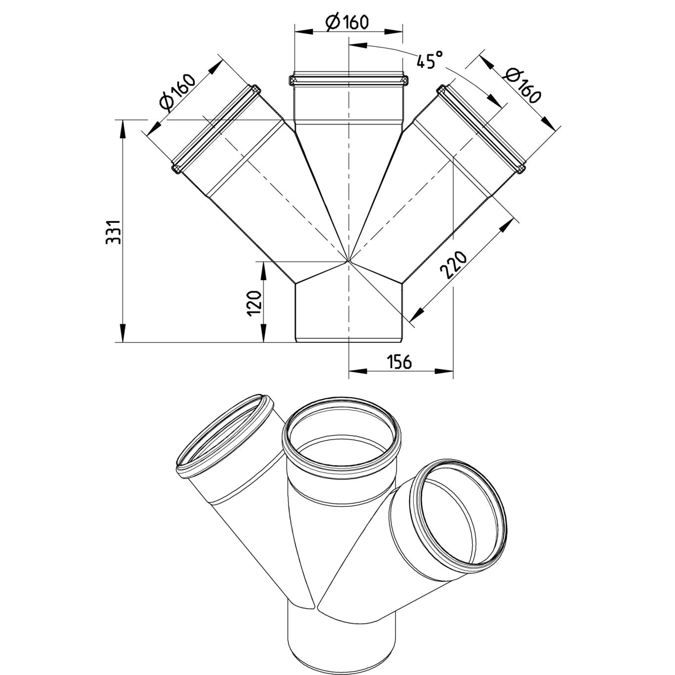 DOPPELABZWEIG 45° - Ø160mm - V4A