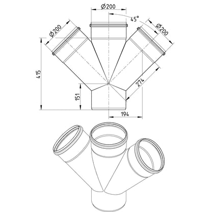 DOPPELABZWEIG 45° - Ø200mm - V4A