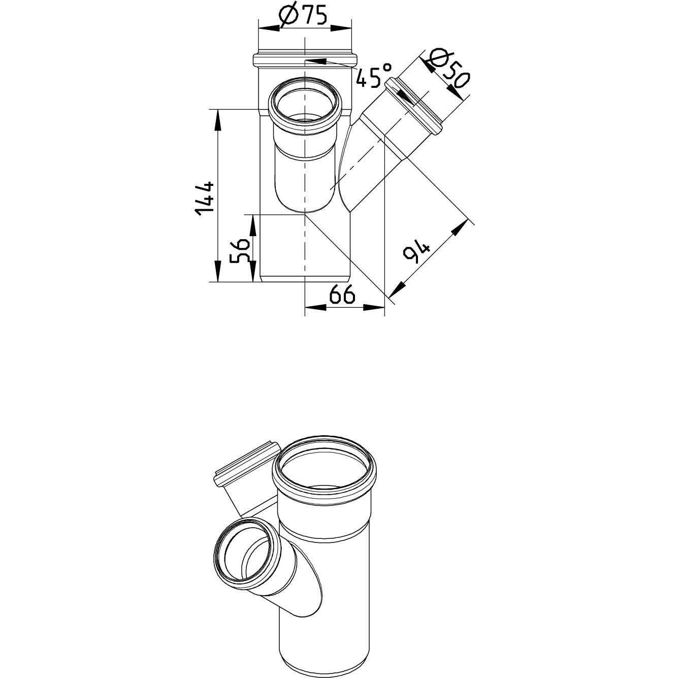 DOPPELABZWEIG 45° - Ø75mm - Ø50mm - V4A