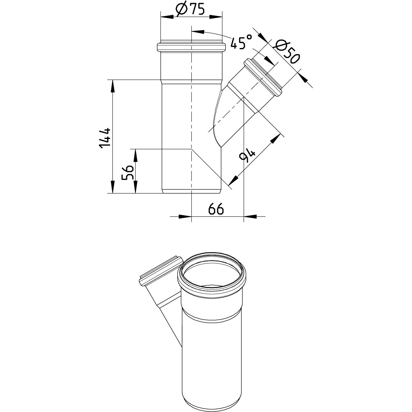 ABZWEIG SCHRÄG 45° - Ø75mm - Ø50mm - V4A