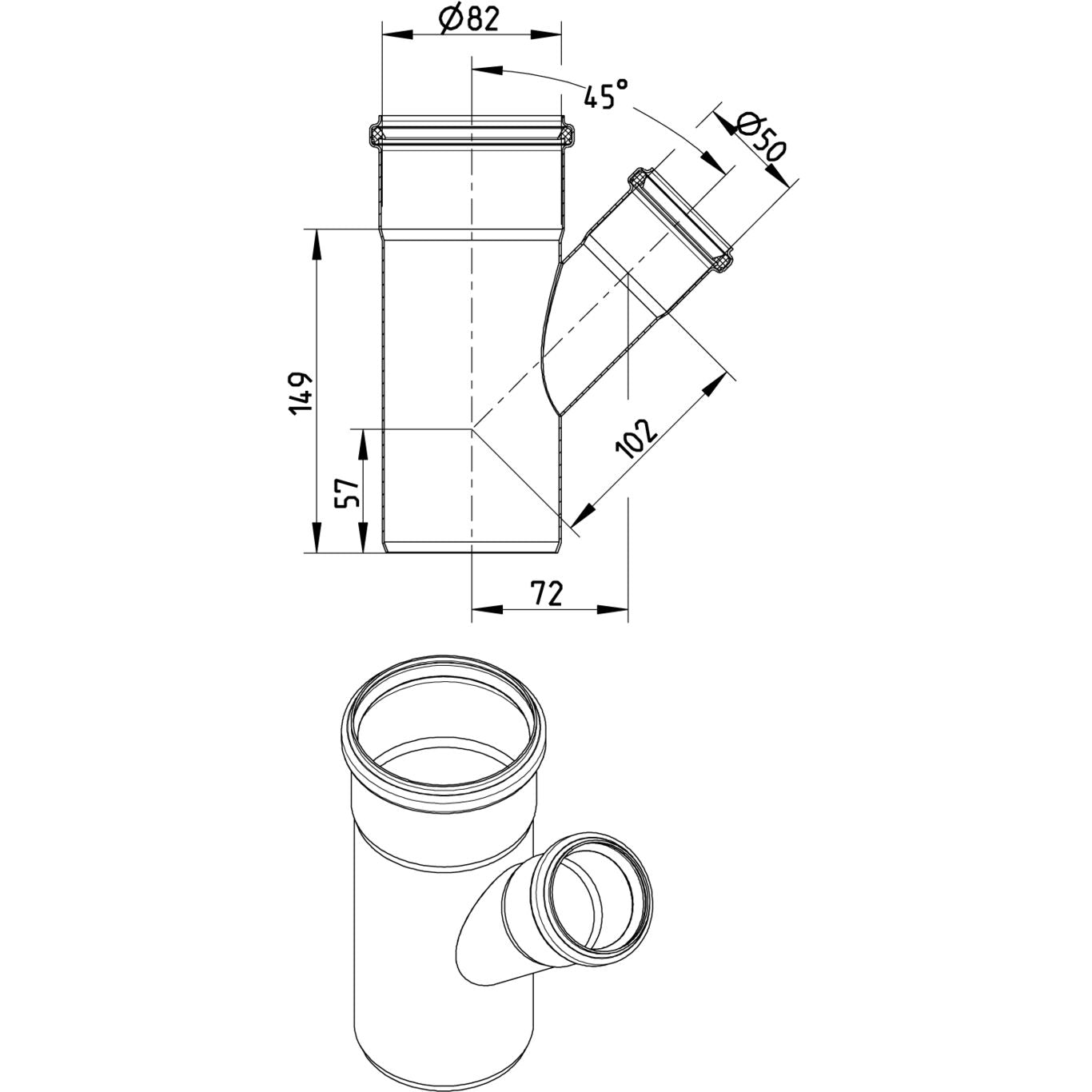 ABZWEIG SCHRÄG 45° - Ø82mm - Ø50mm - V2A