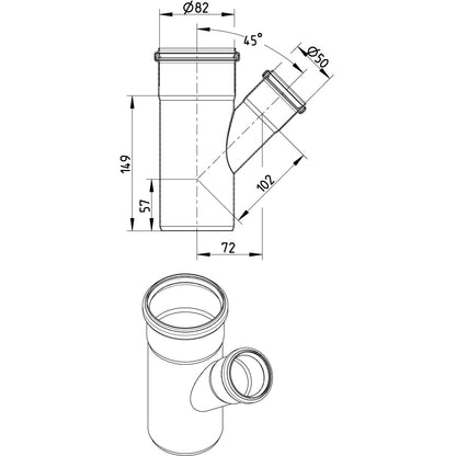 ABZWEIG SCHRÄG 45° - Ø82mm - Ø50mm - V2A