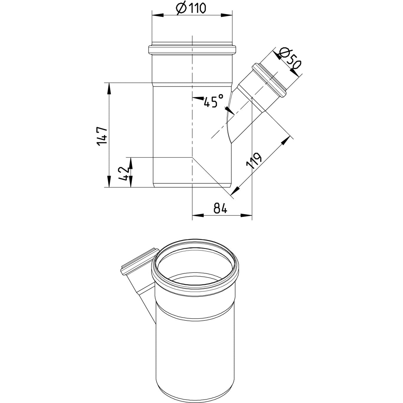 ABZWEIG SCHRÄG 45° - Ø110mm - Ø50mm - V4A