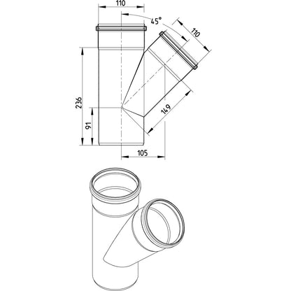 ABZWEIG SCHRÄG 45° - Ø110mm - V2A