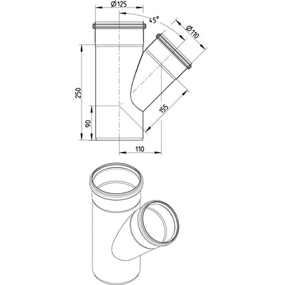 ABZWEIG SCHRÄG 45° - Ø125mm - Ø110mm - V4A